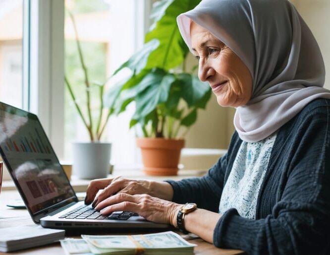 Person wearing a headscarf uses a laptop to seek financial assistance during cancer treatment, with a calculator and bills on the table and a softly blurred living room and maple leaf mug in the background.