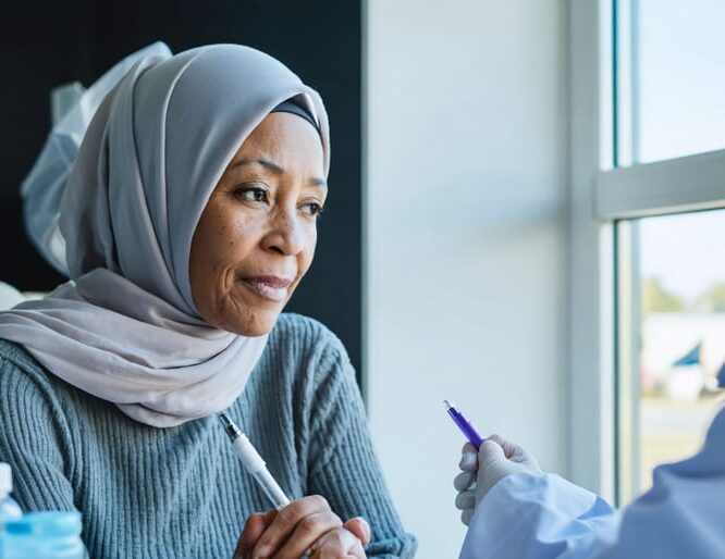 Adult cancer patient in a headscarf moves a vape pen away while a doctor gestures across the table, with a softly blurred hospital setting and Canadian flag outside the window.