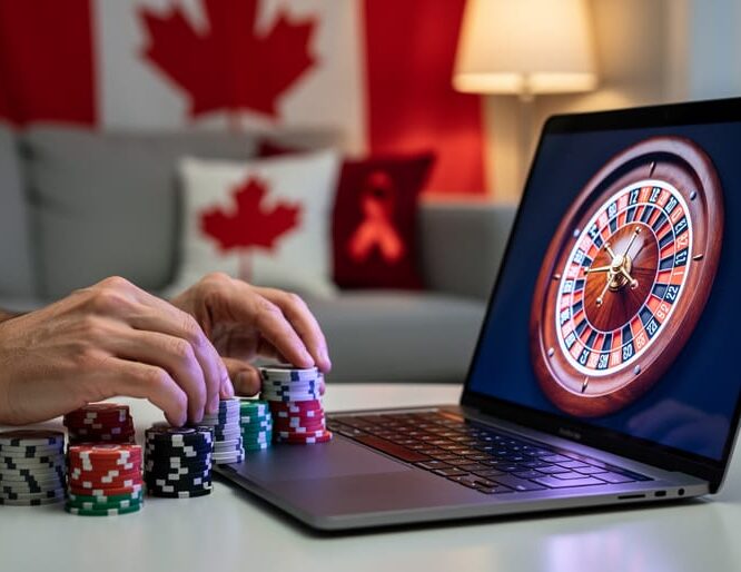 Hands sorting poker chips beside a laptop showing a roulette wheel graphic during a virtual fundraiser at home, with a softly blurred Canadian-themed living room and a small cancer awareness ribbon in the background.