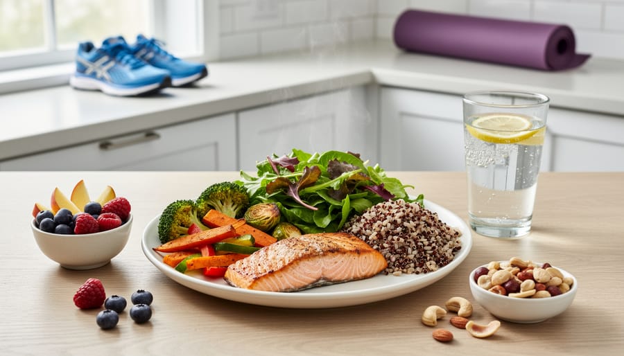 Balanced plate of salmon, vegetables, and whole grains on a kitchen table