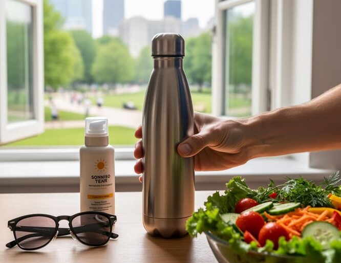 A sun protection bottle and sunglasses next to a healthy salad and water bottle on a table near a bright window with blurred greenery in the background.