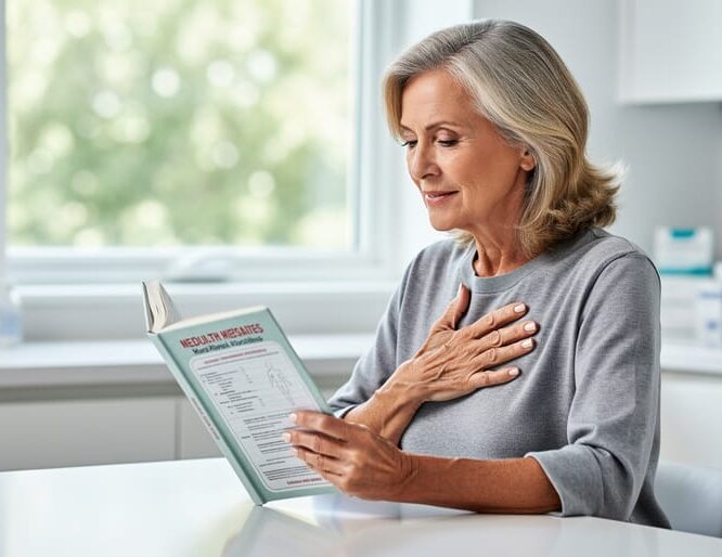 “Middle-aged woman seated indoors holding a medical booklet with a hand over her upper chest, conveying breast cancer risk awareness and proactive screening.”