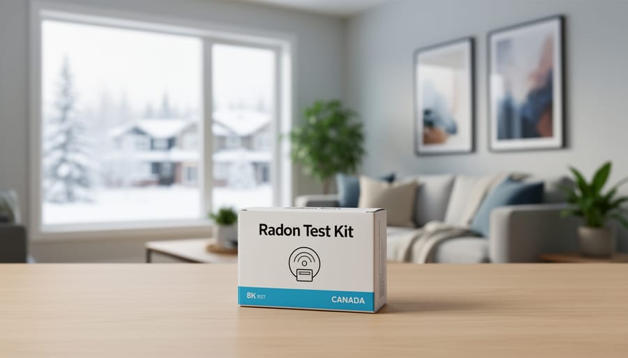 Radon testing kit placed on the floor near a basement entrance in a home