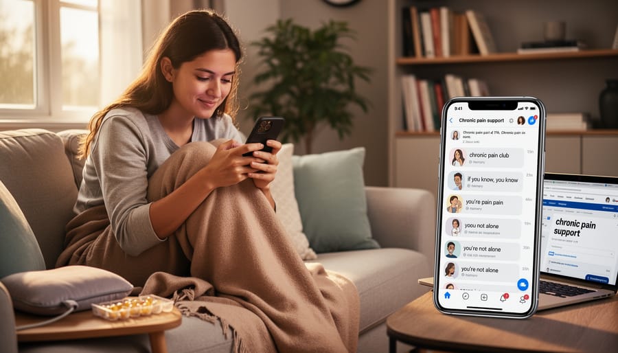 Person sitting on a couch holding a smartphone while looking thoughtful and comforted