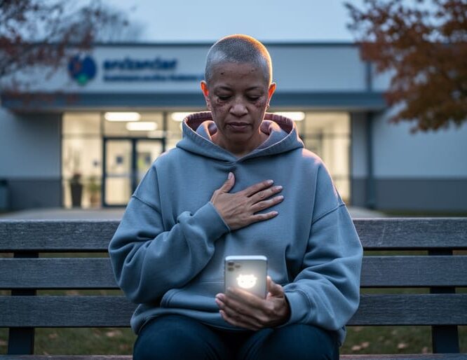 Cancer survivor seated outdoors at dusk holding a phone, suggesting community through chronic-pain humor while coping with invisible pain.