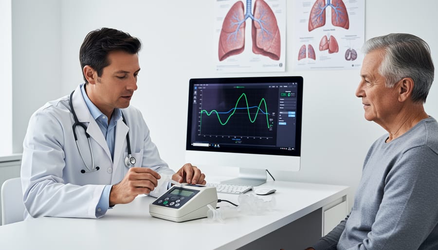 Clinician holding a spirometry mouthpiece in a healthcare clinic