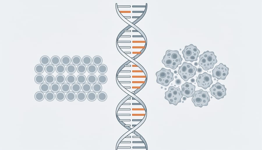 Glass sphere containing branching fine threads symbolizing DNA and genetic mutations related to breast cancer risk.