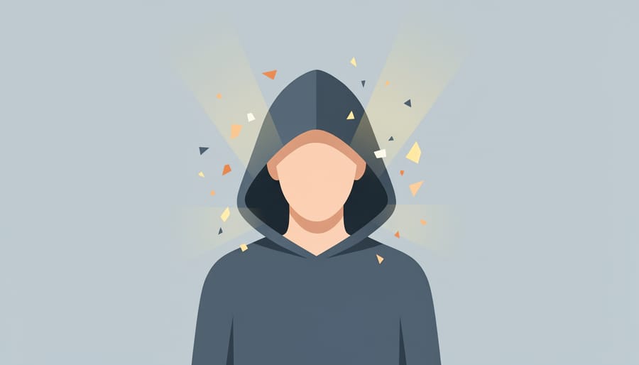 Conceptual image showing a hood-like shadow over a seated figure with colorful light specks symbolizing connection