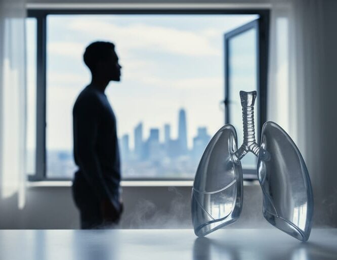 A person by an open window with soft mist and a translucent lung-shaped glass sculpture symbolizing lung cancer risk and prevention.