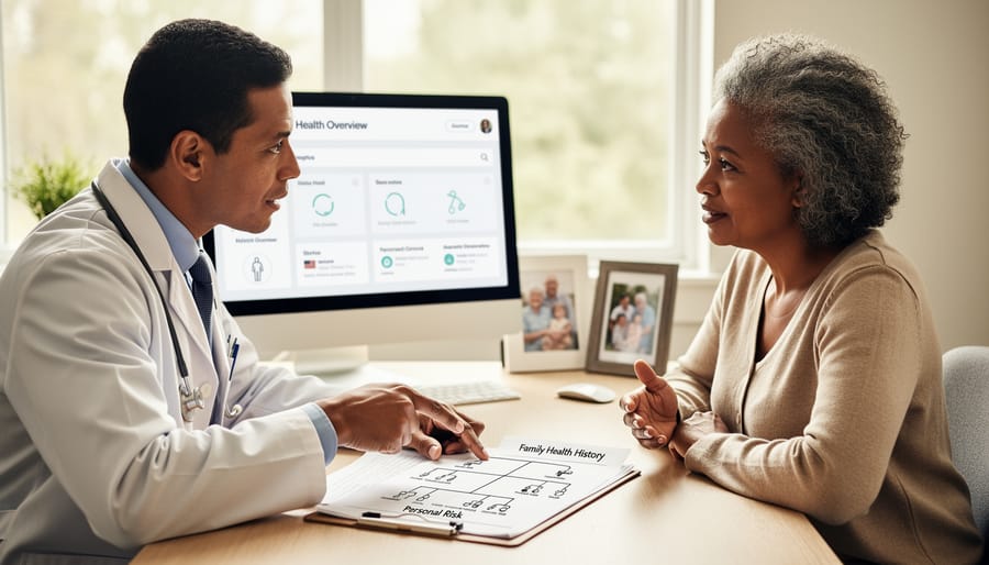 Person holding medical records with a stethoscope on a table, with a blurred family portrait in the background.