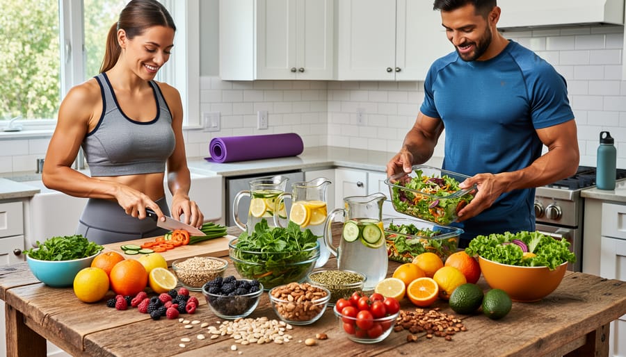 Colorful healthy food on a wooden table including berries, leafy greens, and salmon under warm natural light.