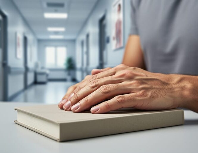 Adult man’s hands resting beside a closed book in a softly blurred healthcare setting, with a subtle focus on the lower torso area to suggest prostate health awareness.